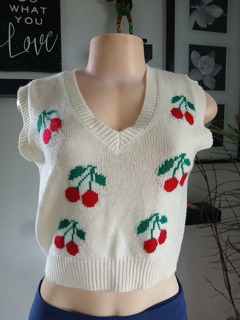 Classic White Cherry Knit V-Neck Sweater Vest